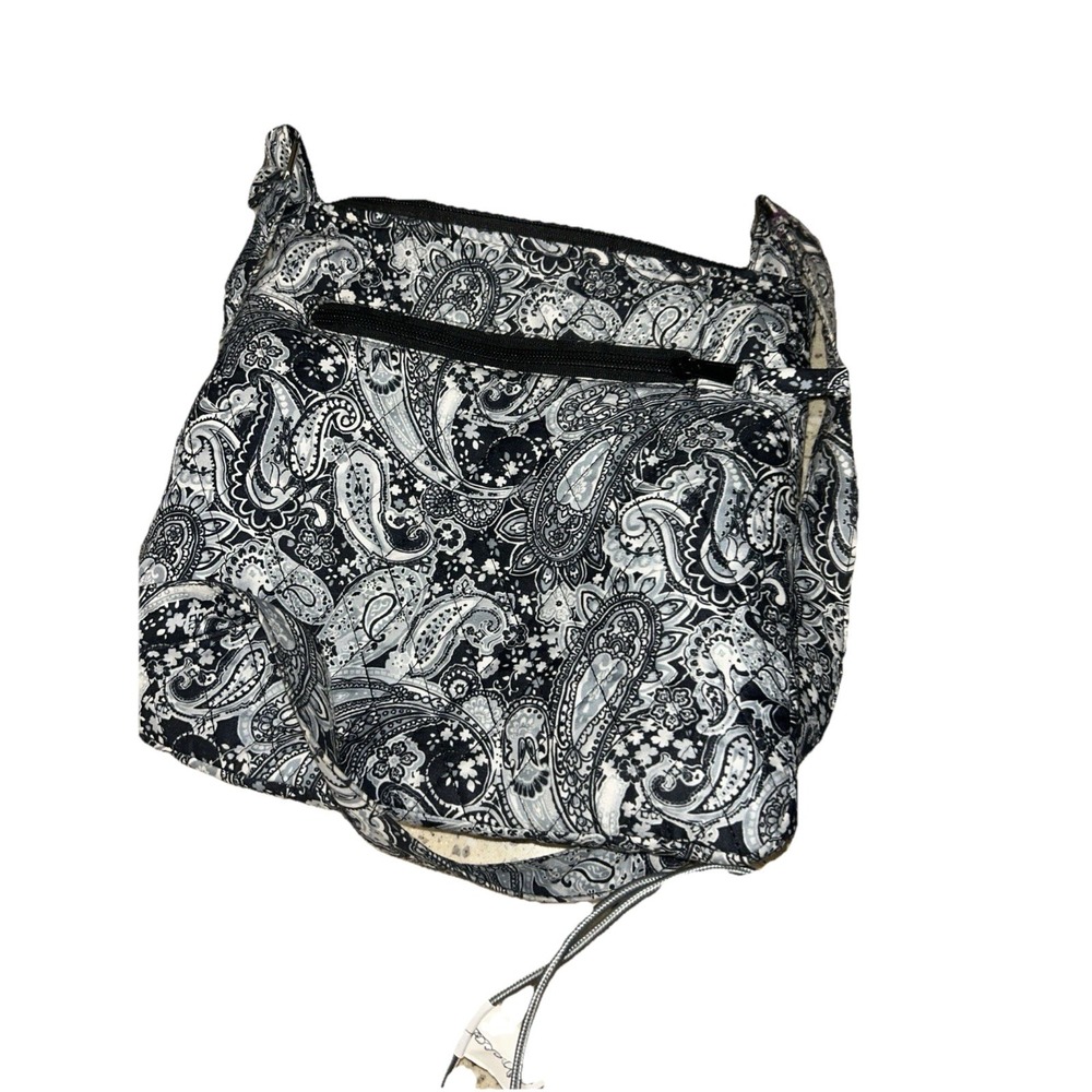 Black And White Paisley Crossbody Bag. Zips & Snaps, Adjustable Strap.